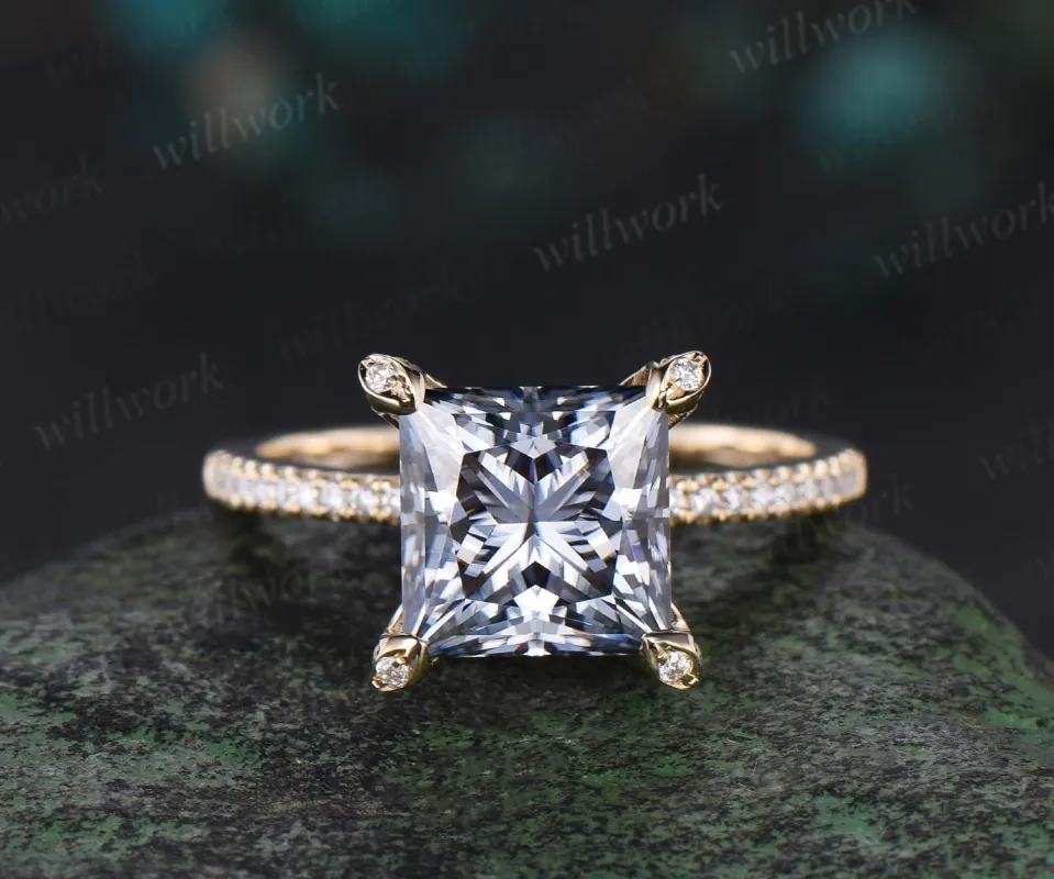 Vintage princess cut gray moissanite engagement ring yellow gold pyramid under halo basket diamond ring women unique promise ring jewelry sold by Willwork Jewelry