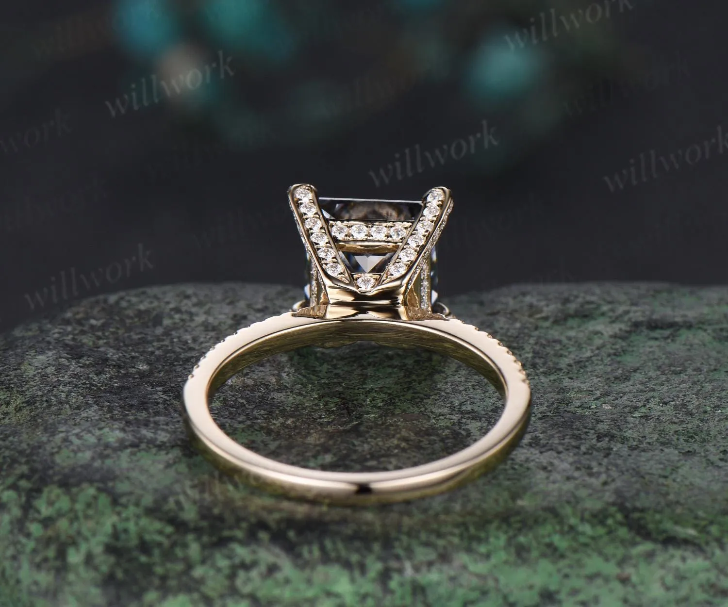 Vintage princess cut gray moissanite engagement ring yellow gold pyramid under halo basket diamond ring women unique promise ring jewelry sold by Willwork Jewelry product image thumbnail 5