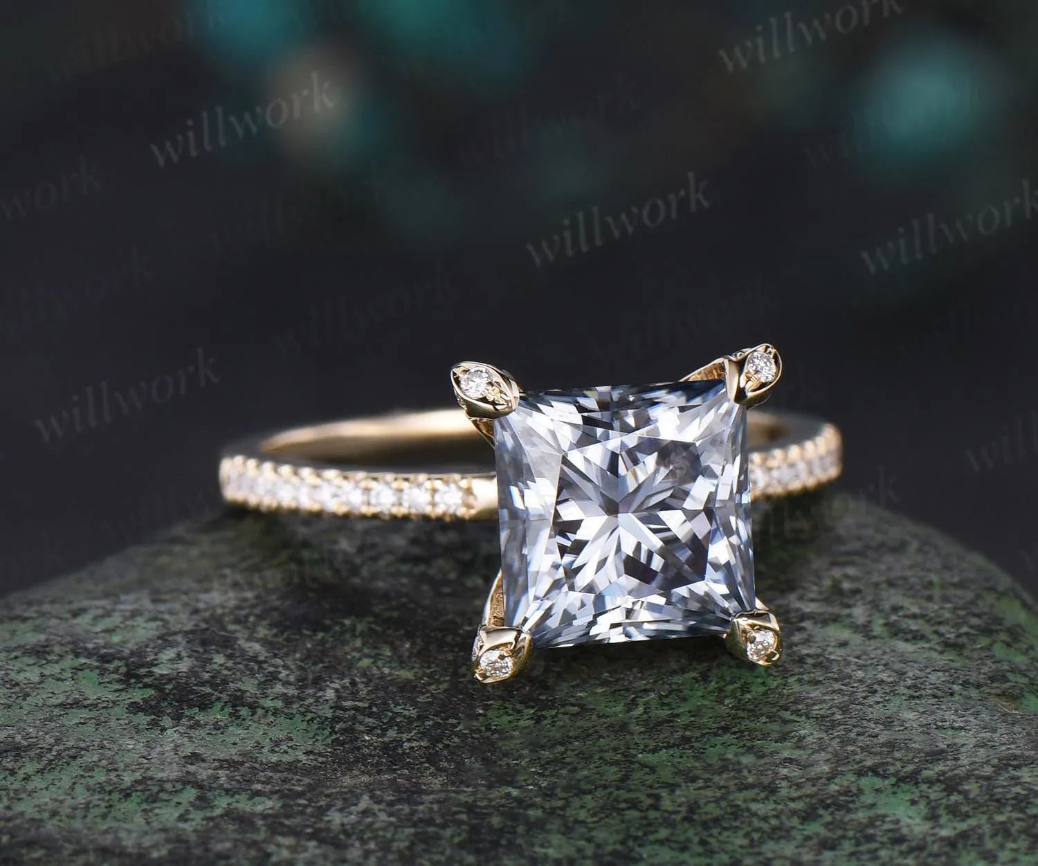 Vintage princess cut gray moissanite engagement ring yellow gold pyramid under halo basket diamond ring women unique promise ring jewelry sold by Willwork Jewelry product image thumbnail 2