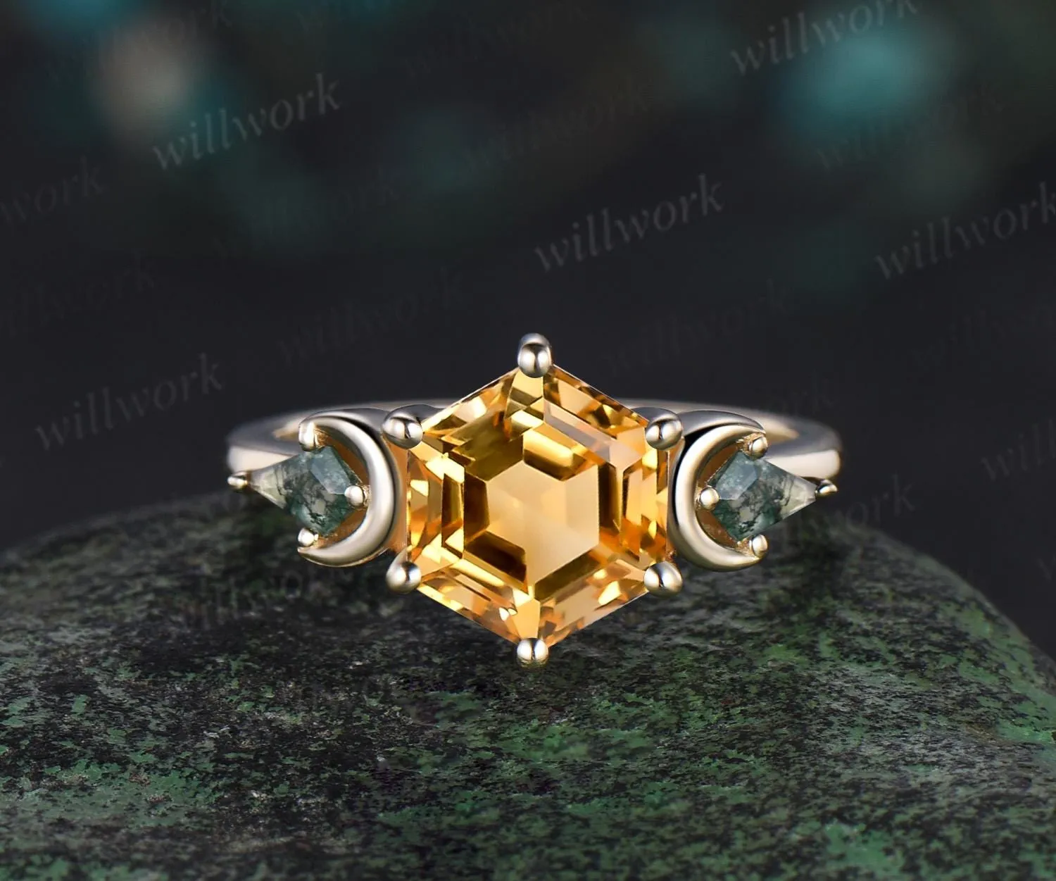 Hexagon cut citrine engagement ring yellow gold three stone moon kite moss agate ring women leaf opal wedding ring band Crystal Ring sold by Willwork Jewelry product image thumbnail 4