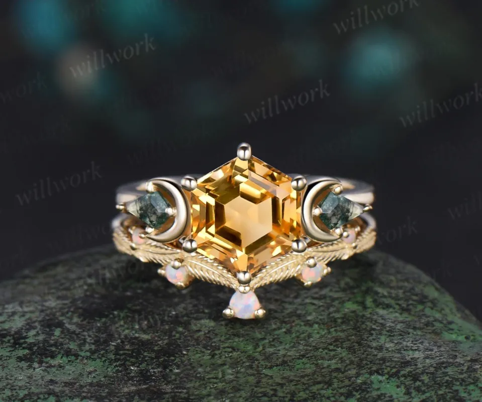 Hexagon cut citrine engagement ring yellow gold three stone moon kite moss agate ring women leaf opal wedding ring band Crystal Ring sold by Willwork Jewelry