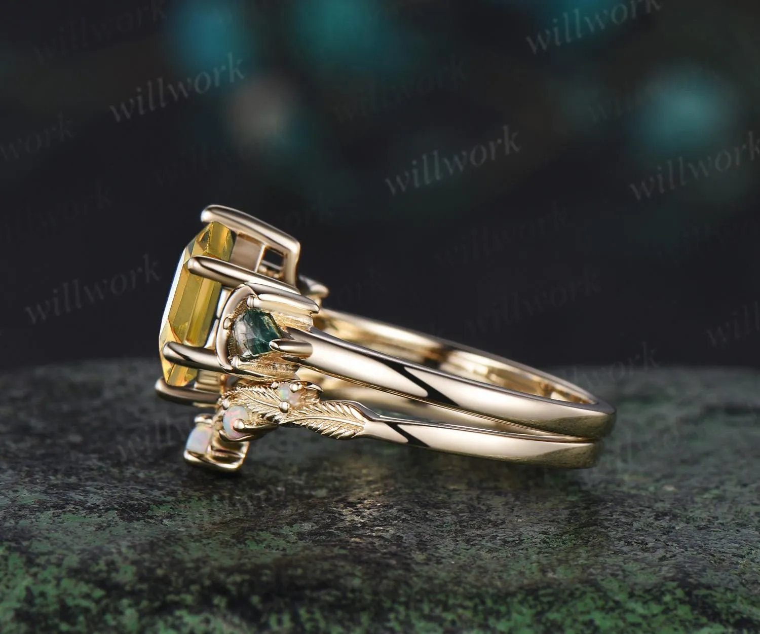 Hexagon cut citrine engagement ring yellow gold three stone moon kite moss agate ring women leaf opal wedding ring band Crystal Ring sold by Willwork Jewelry product image thumbnail 5
