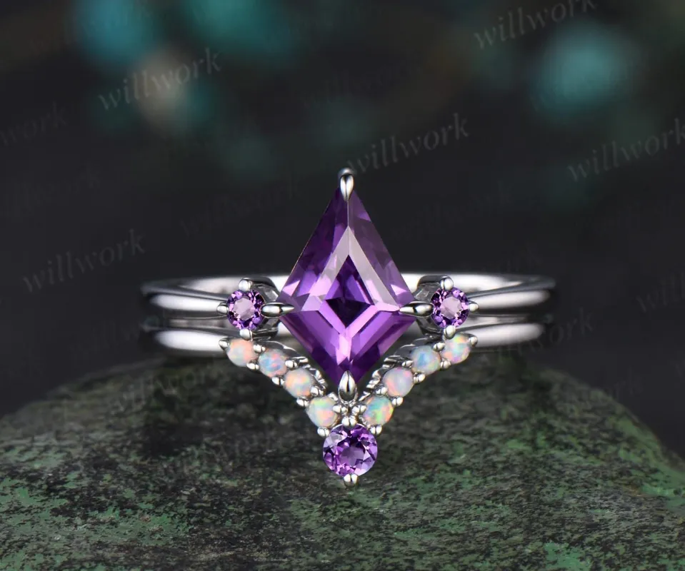 Kite cut amethyst ring minimalist vintage white gold three stone unique engagement ring set women stacking opal bridal set gift jewelry sold by Willwork Jewelry