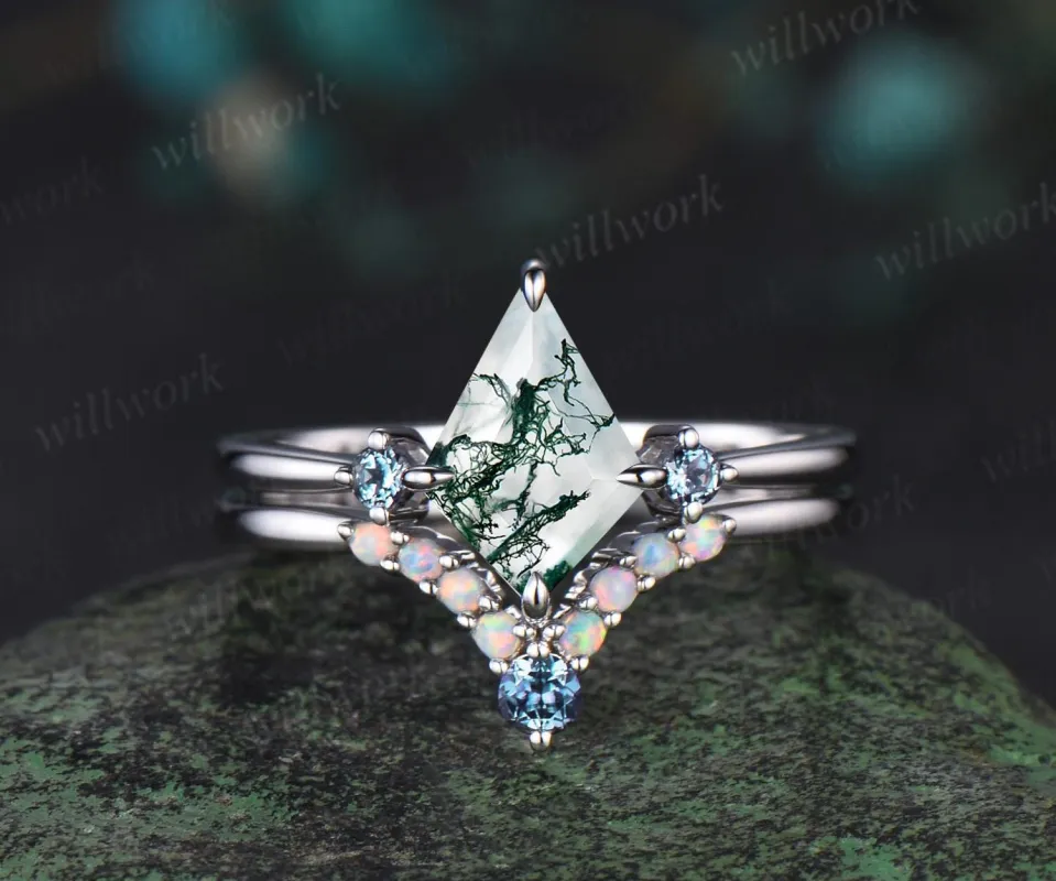 Kite cut green moss agate engagement ring set three stone alexandrite ring white gold opal wedding band Minimalist bridal set gift women sold by Willwork Jewelry