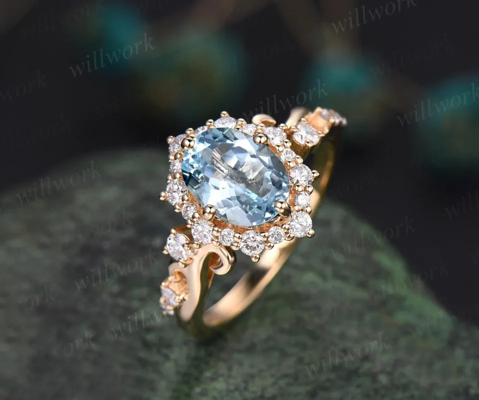 Vintage oval cut aquamarine engagement ring snowdrift halo diamond ring 14k yellow gold March birthstone unique promise ring women jewelry sold by Willwork Jewelry