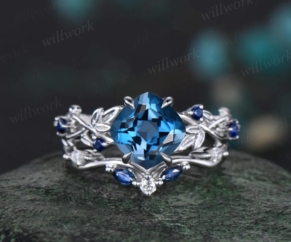 Cushion cut London blue topaz engagement ring white gold vintage vine leaf natural sapphire ring women unique wedding ring set jewelry sold by Willwork Jewelry