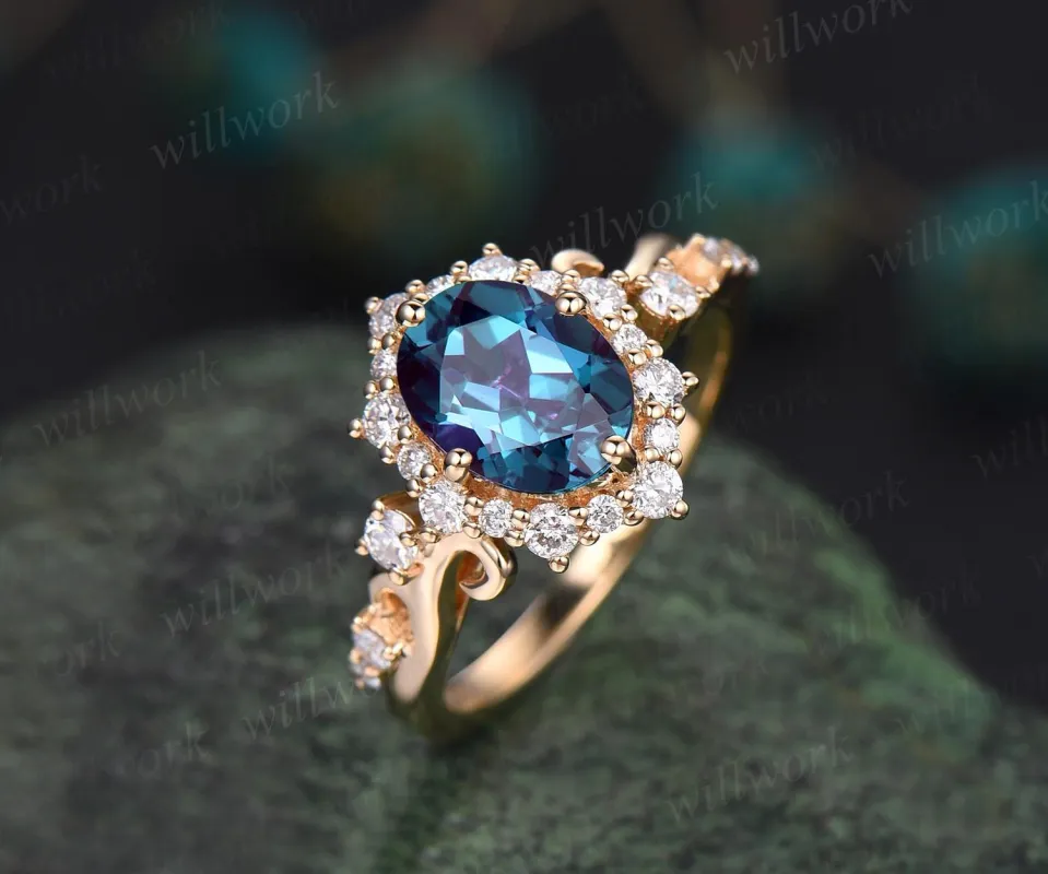 Vintage oval cut alexandrite engagement ring snowdrift halo diamond ring 14k yellow gold June birthstone unique bridal ring women jewelry sold by Willwork Jewelry