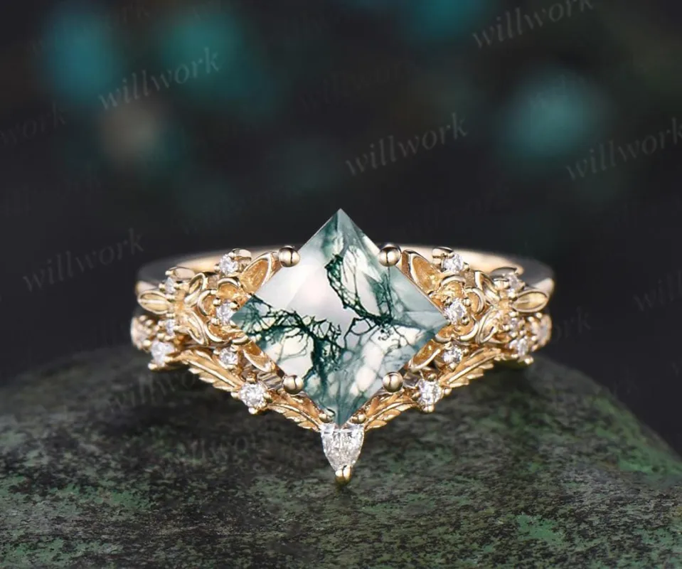 Vintage princess cut moss agate engagement ring women 14k yellow gold leaf floral diamond ring unique promise wedding ring set jewelry gift sold by Willwork Jewelry