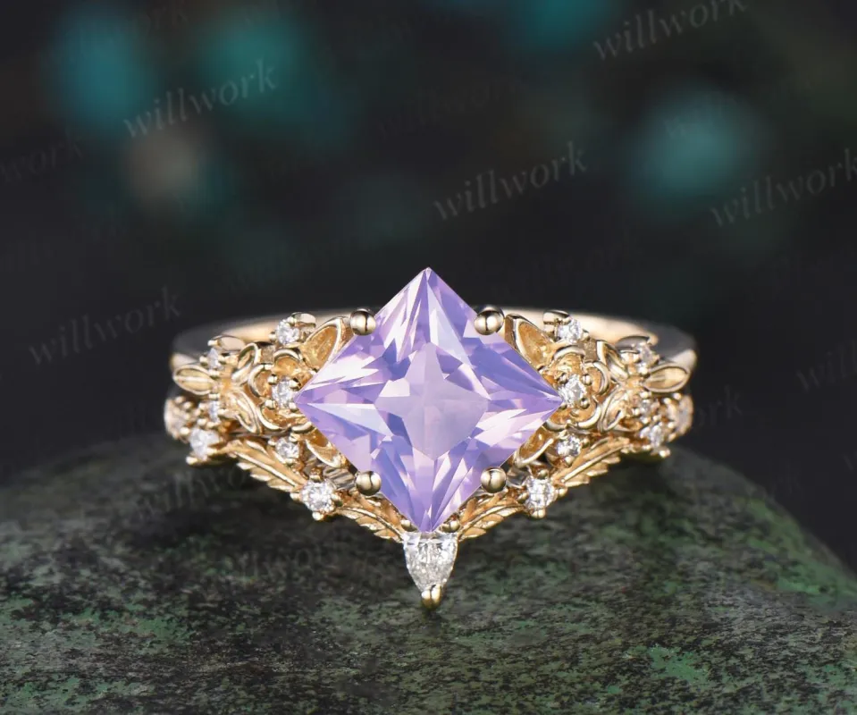 Vintage princess cut Lavender Amethyst engagement ring women 14k yellow gold leaf floral diamond ring unique bridal ring set jewelry gift sold by Willwork Jewelry