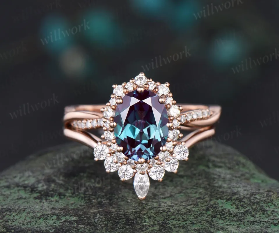 Oval cut alexandrite engagement ring set 14k rose gold infinity snowdrift halo moissanite ring women unique bridal anniversary gift jewelry sold by Willwork Jewelry