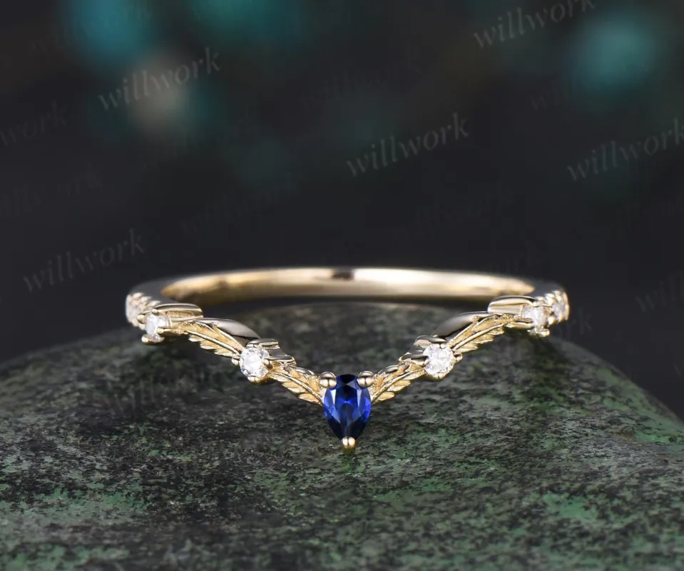 Vintage pear sapphire diamond wedding band solid 14k yellow gold art deco leaf nature inspired stacking bridal anniversary ring women gfit sold by Willwork Jewelry