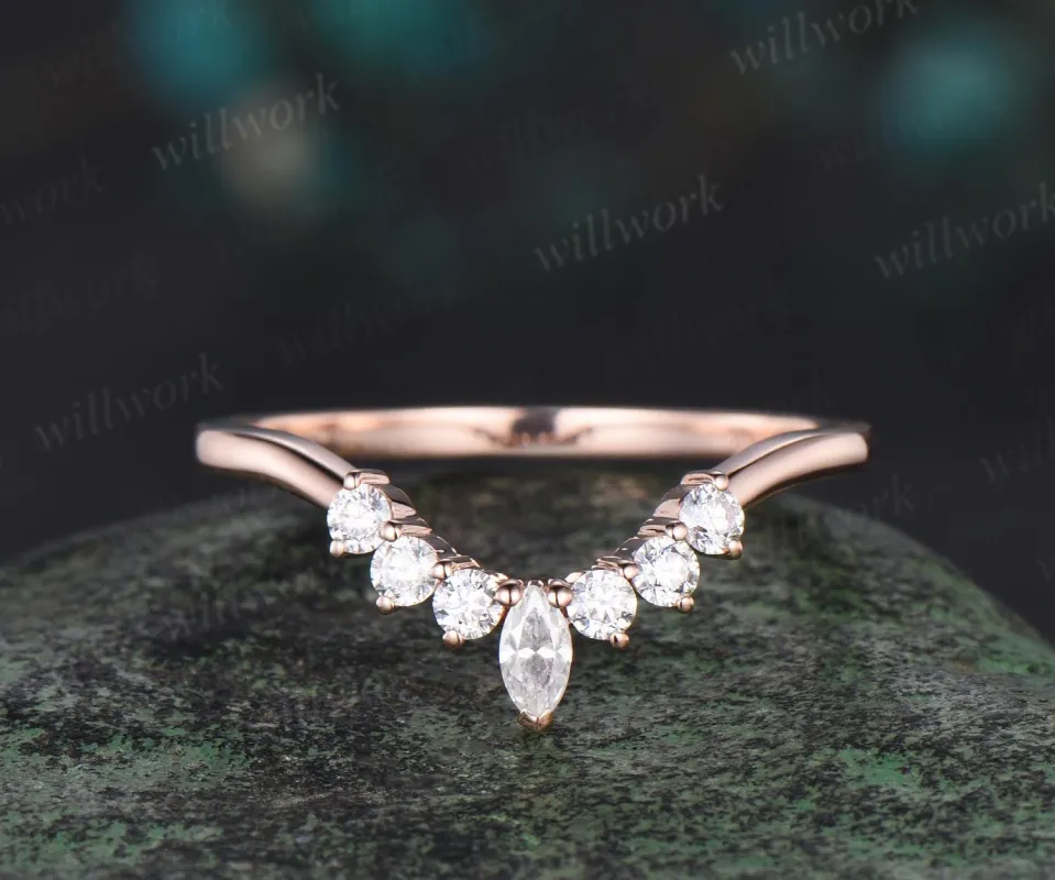 Curved marquise diamond wedding band solid 14k rose gold matching stacking moissanite anniversary ring women gift sold by Willwork Jewelry