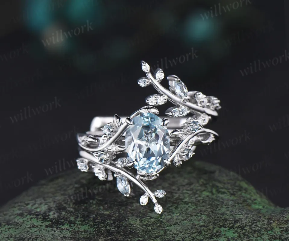 Vintage oval natural aquamarine engagement ring branch leaf white gold wedding band enhancer twisted bridal ring set women jewelry sold by Willwork Jewelry