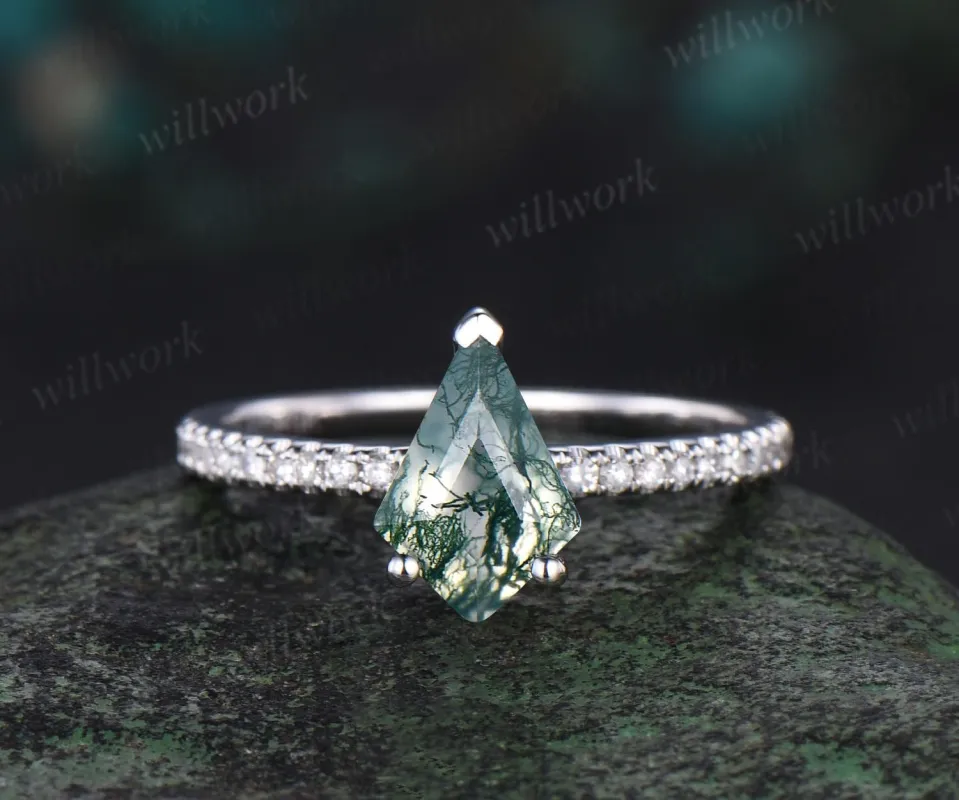 Kite cut natural moss agate engagement ring solid 14k white gold half eternity diamond ring unique wedding anniversary gift sold by Willwork Jewelry