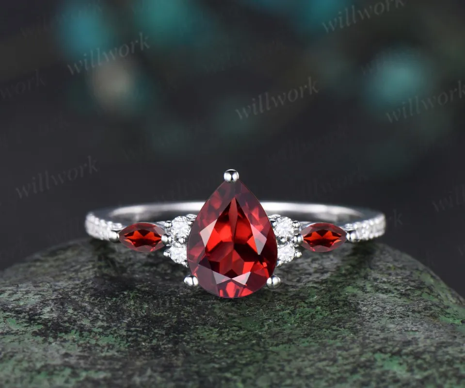 Pear shaped red garnet engagement ring solid 14k white gold dainty half eternity diamond wedding ring women unique anniversary gift gemstone sold by Willwork Jewelry