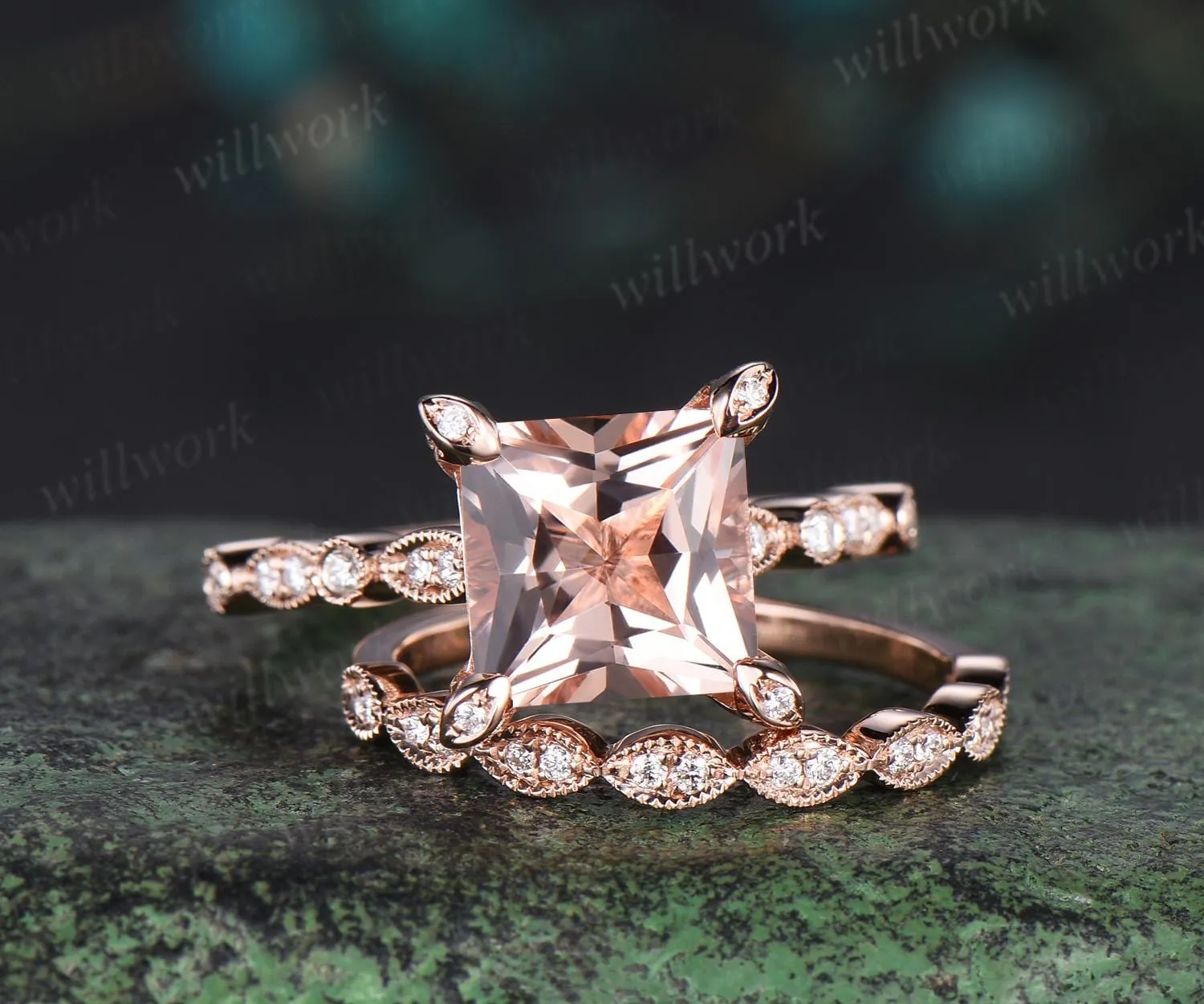 Vintage princess cut morganite engagement ring set 14k rose gold Milgrain under halo pyramid diamond promise wedding ring set women jewelry sold by Willwork Jewelry