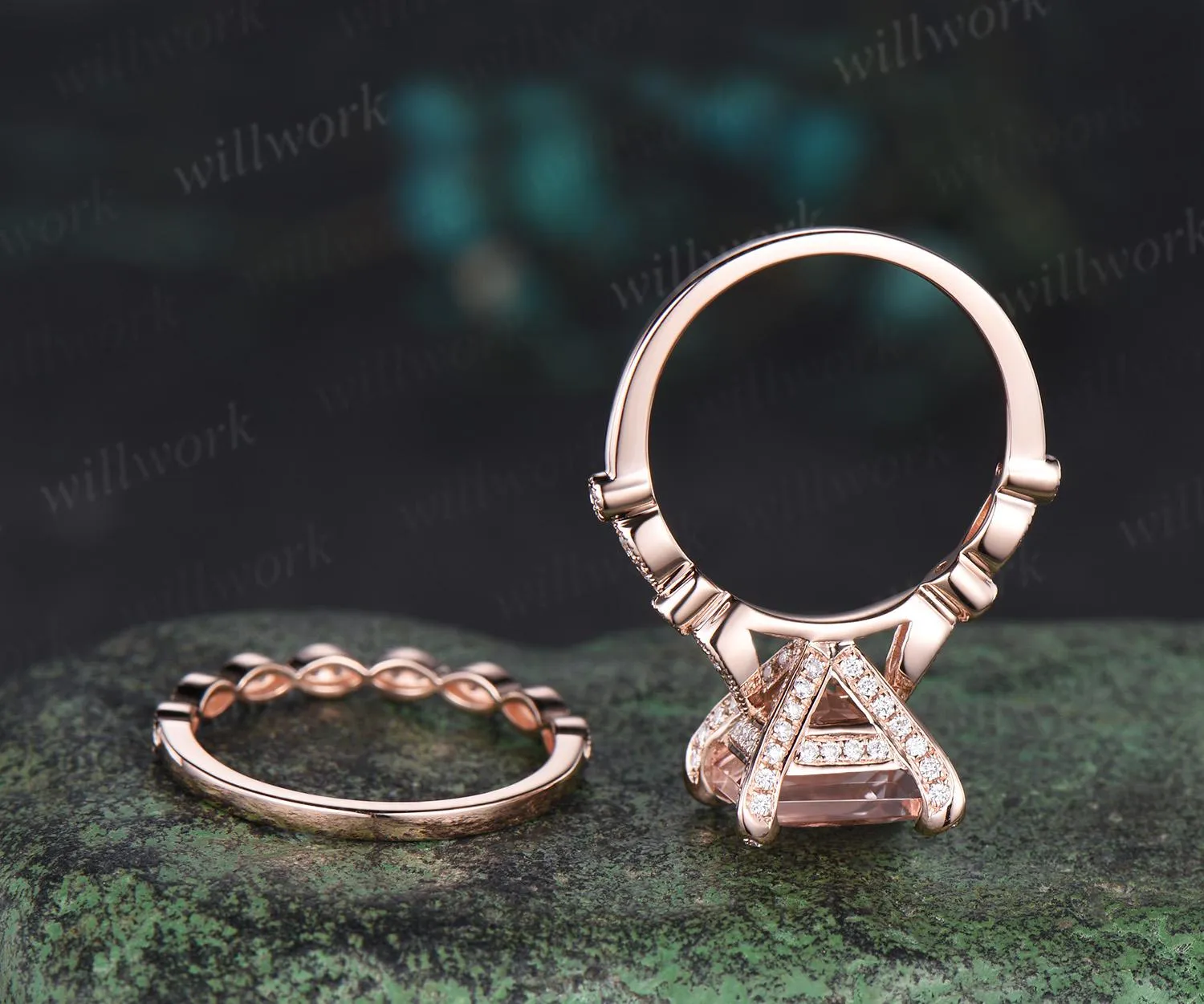 Vintage princess cut morganite engagement ring set 14k rose gold Milgrain under halo pyramid diamond promise wedding ring set women jewelry sold by Willwork Jewelry product image thumbnail 2