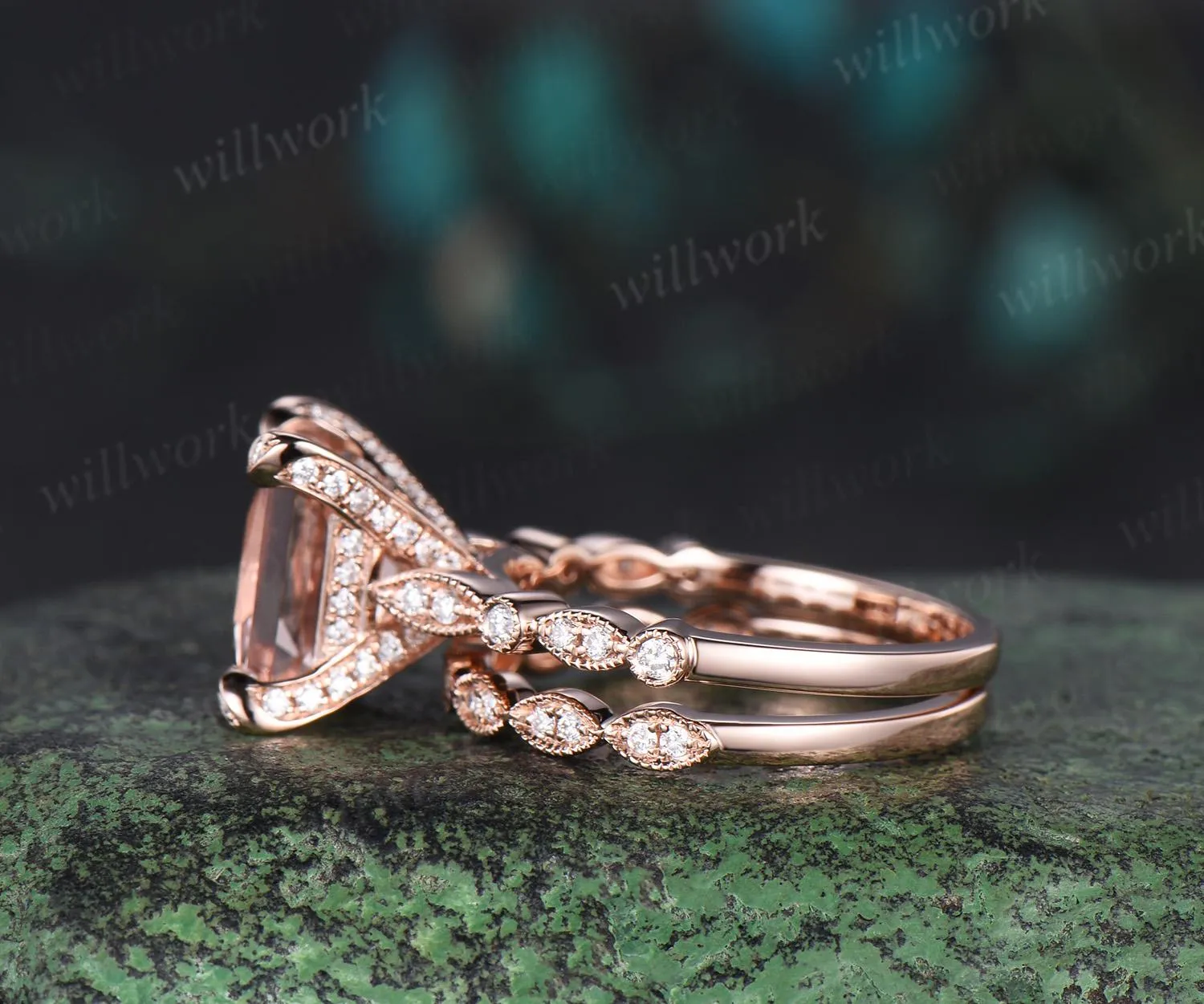 Vintage princess cut morganite engagement ring set 14k rose gold Milgrain under halo pyramid diamond promise wedding ring set women jewelry sold by Willwork Jewelry product image thumbnail 4