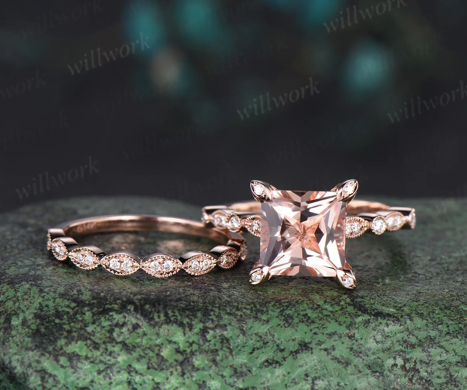Vintage princess cut morganite engagement ring set 14k rose gold Milgrain under halo pyramid diamond promise wedding ring set women jewelry sold by Willwork Jewelry product image thumbnail 3