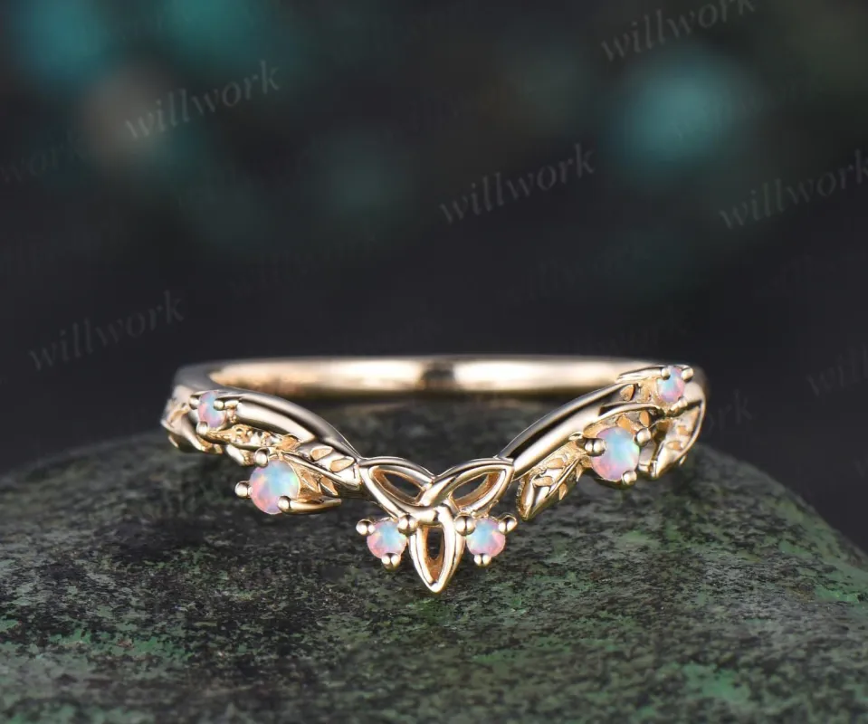 Celtic knot leaf white opal wedding band solid 14k yellow gold stacking matching bridal anniversary ring gift Norse Viking Jewelry sold by Willwork Jewelry