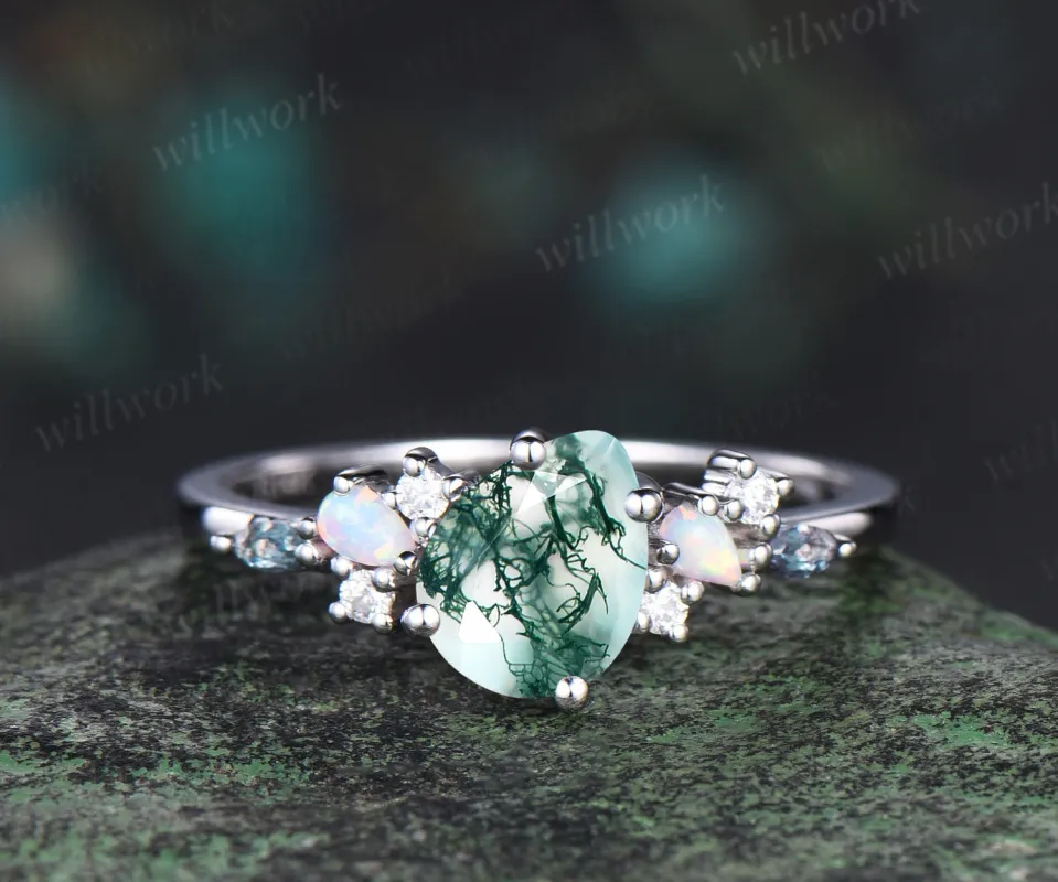 Pear cut moss agate ring vintage white gold cluster opal alexandrite ring women dainty unique engagement ring anniversary gift jewelry sold by Willwork Jewelry