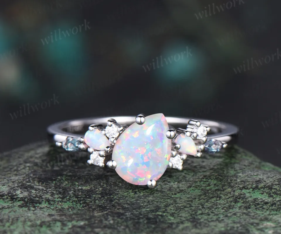 Pear shaped opal engagement ring solid 14k white gold cluster alexandrite ring vintage dainty unique bridal anniversary ring gift sold by Willwork Jewelry
