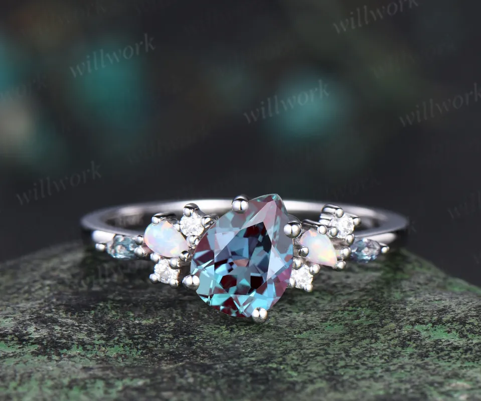 Pear shaped alexandrite engagement ring solid 14k white gold cluster opal ring vintage dainty unique wedding anniversary ring gift sold by Willwork Jewelry