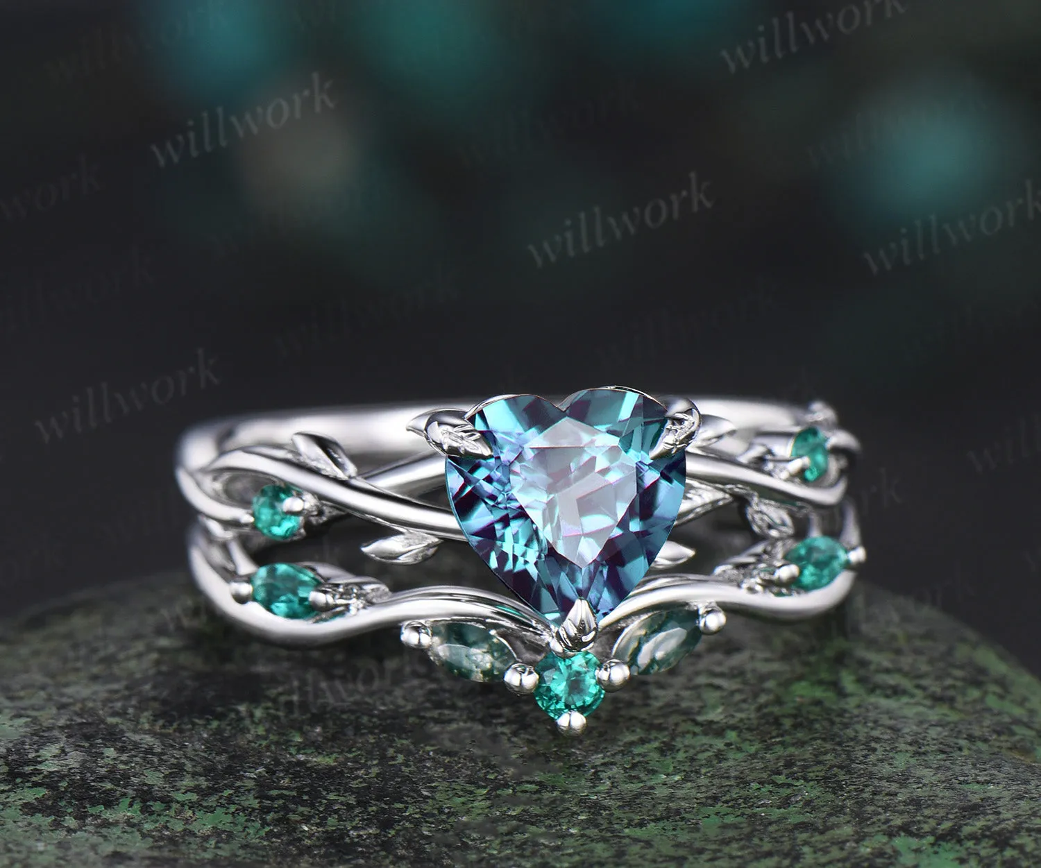 Vintage heart alexandrite engagement ring set 14k white gold leaf branch moss agate ring women unique wedding anniversary gift sold by Willwork Jewelry product image thumbnail 2