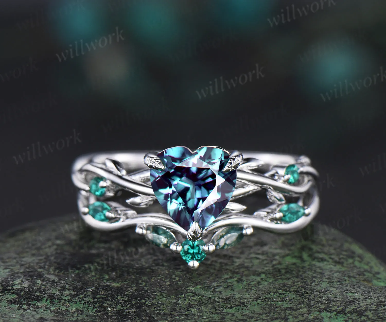 Vintage heart alexandrite engagement ring set 14k white gold leaf branch moss agate ring women unique wedding anniversary gift sold by Willwork Jewelry