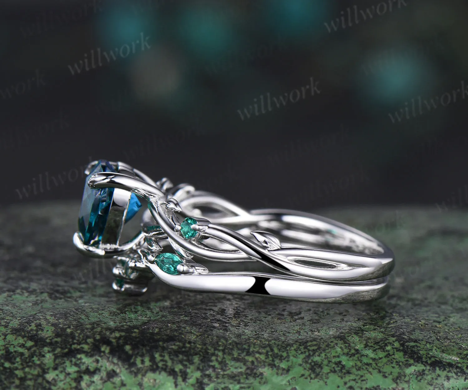 Vintage heart alexandrite engagement ring set 14k white gold leaf branch moss agate ring women unique wedding anniversary gift sold by Willwork Jewelry product image thumbnail 5