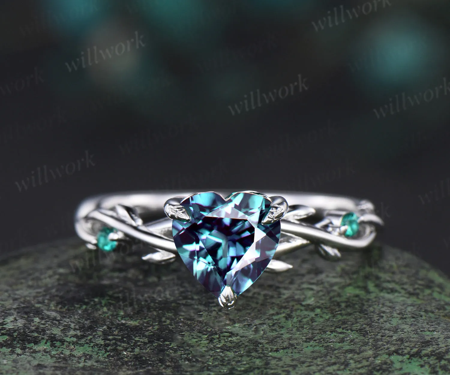 Vintage heart alexandrite engagement ring set 14k white gold leaf branch moss agate ring women unique wedding anniversary gift sold by Willwork Jewelry product image thumbnail 4