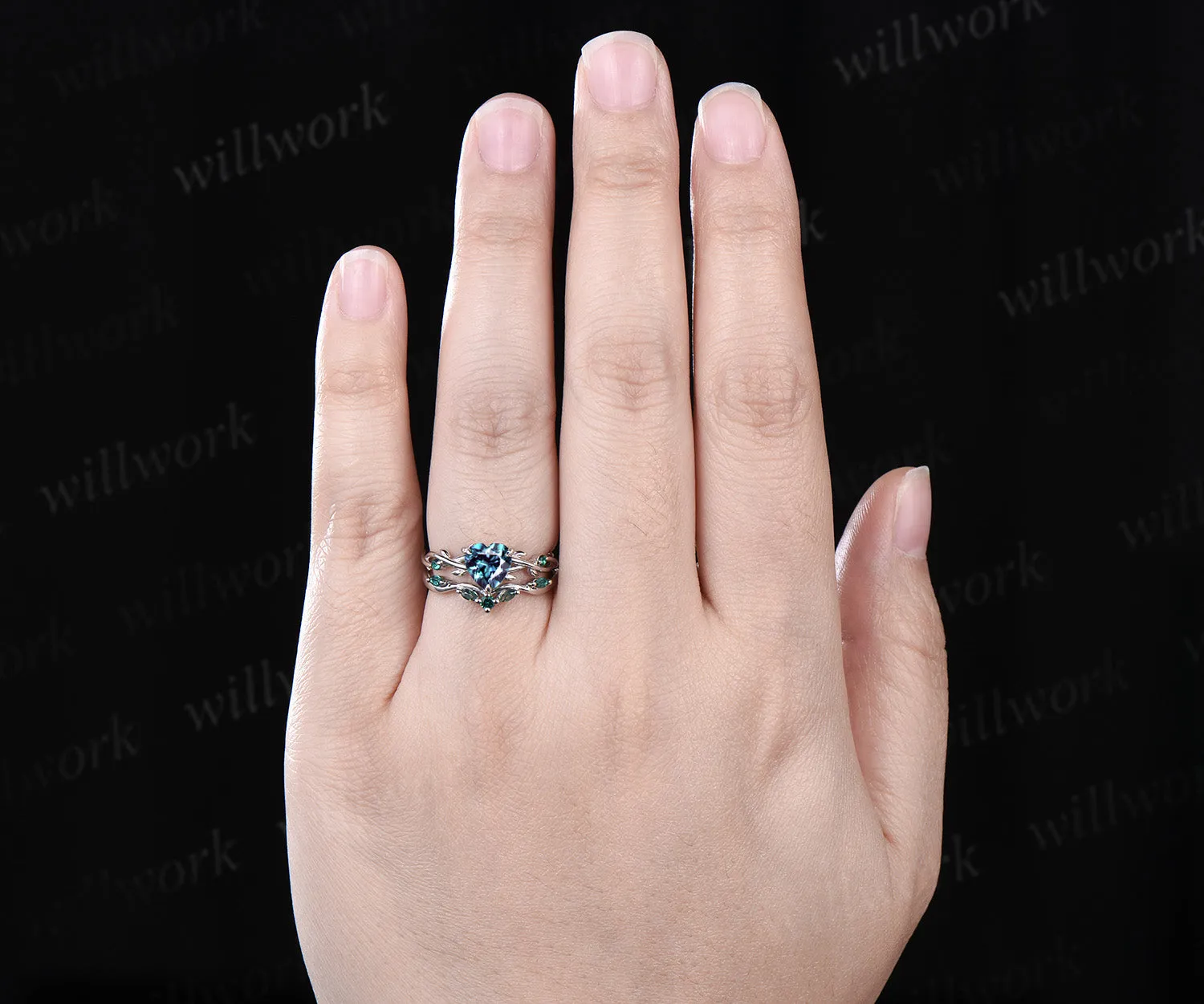 Vintage heart alexandrite engagement ring set 14k white gold leaf branch moss agate ring women unique wedding anniversary gift sold by Willwork Jewelry product image thumbnail 3