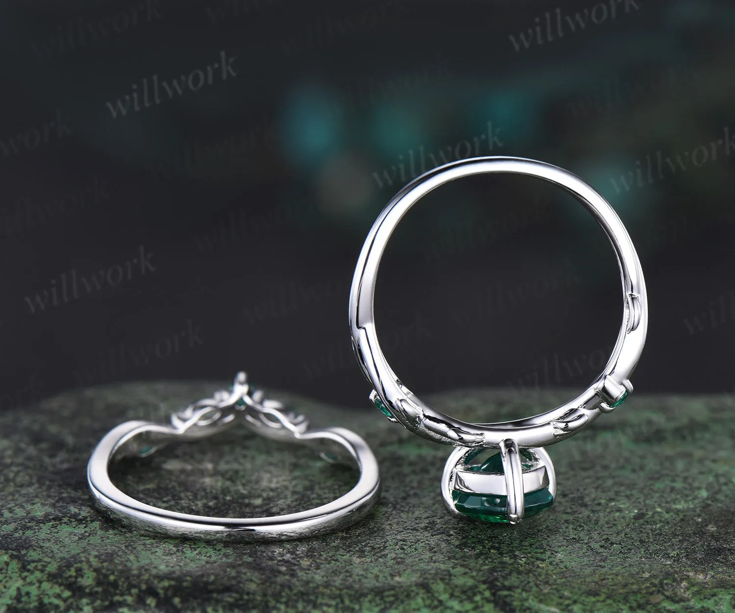 Vintage heart green emerald engagement ring set 14k white gold leaf branch moss agate ring women unique wedding anniversary gift sold by Willwork Jewelry product image thumbnail 5