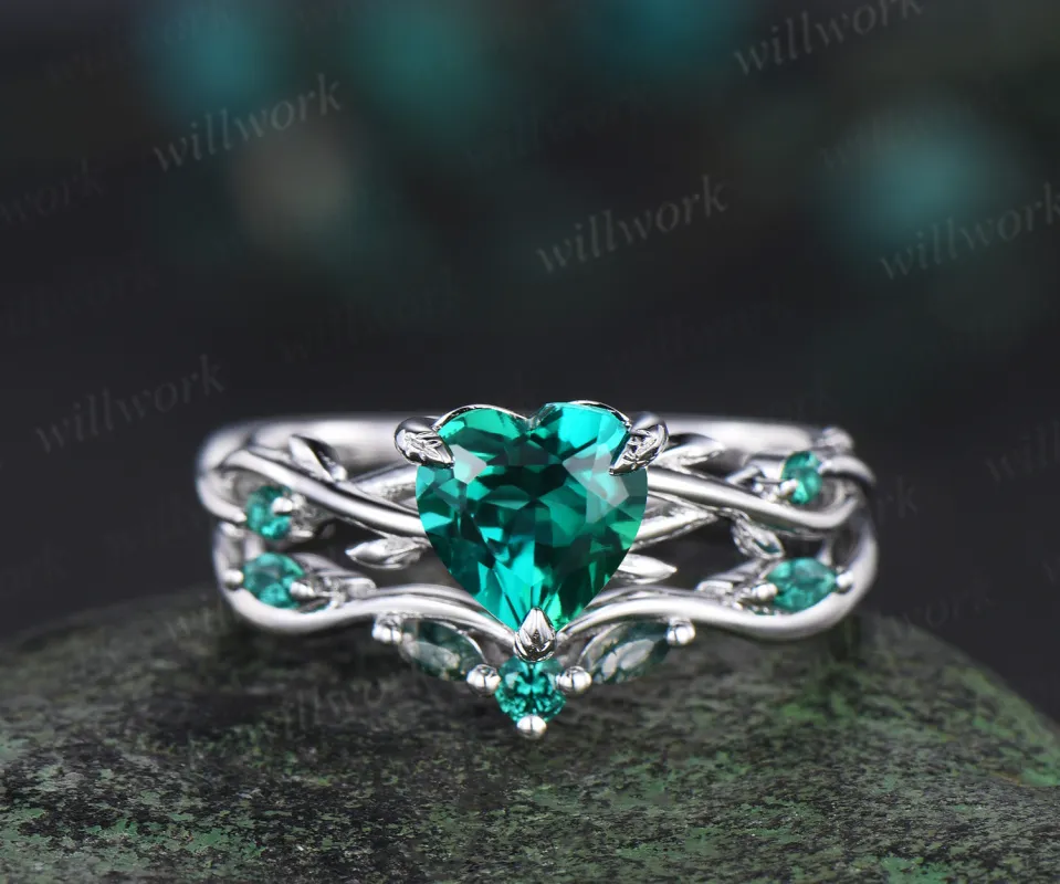 Vintage heart green emerald engagement ring set 14k white gold leaf branch moss agate ring women unique wedding anniversary gift sold by Willwork Jewelry