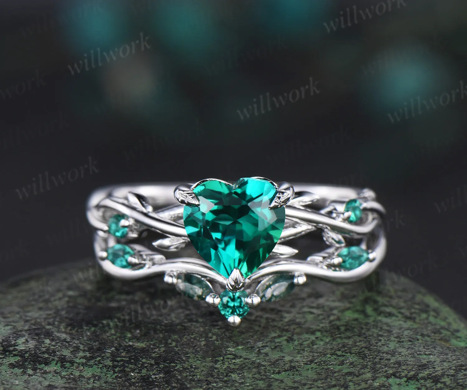 Vintage heart green emerald engagement ring set 14k white gold leaf branch moss agate ring women unique wedding anniversary gift sold by Willwork Jewelry