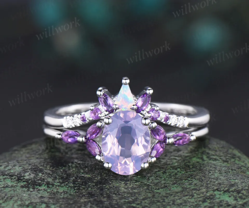 Vintage oval cut Lavender Amethyst engagement ring set white gold opal moissanite ring women stacking Crystal anniversary ring gift sold by Willwork Jewelry