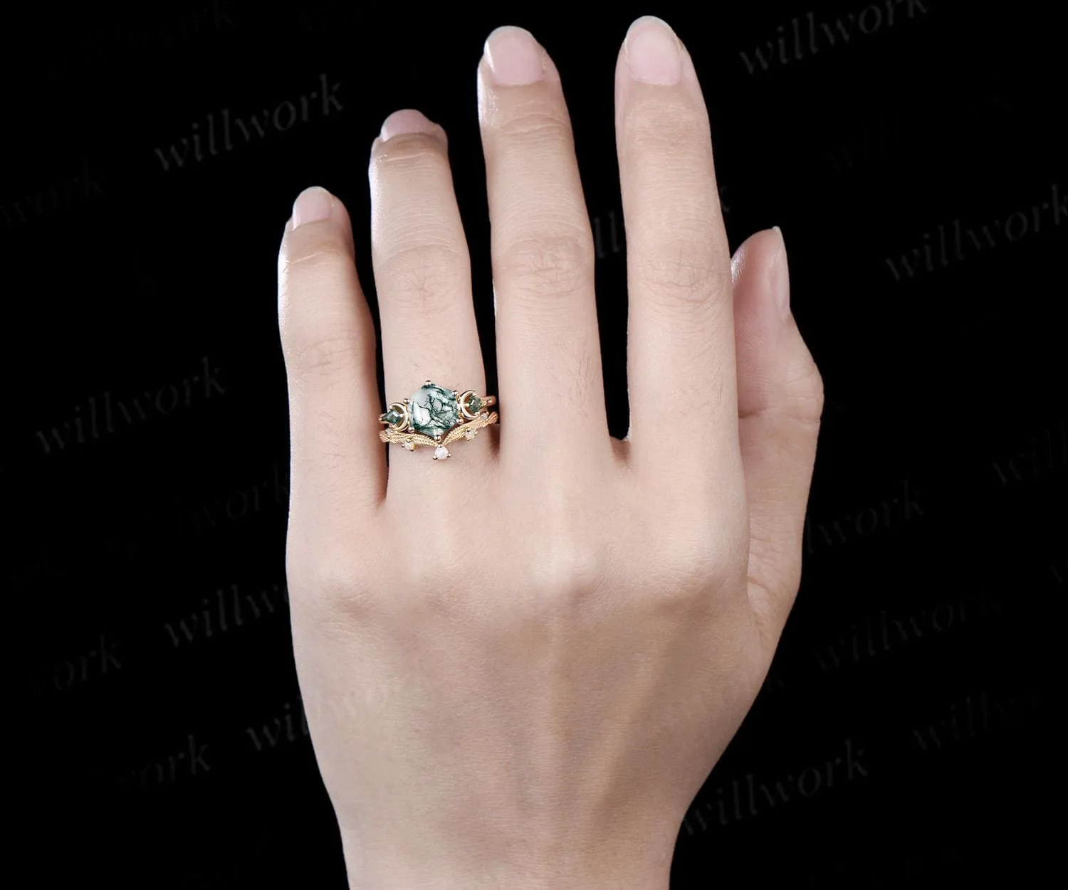 Hexagon cut moss agate engagement ring set 14k yellow gold kite three stone moon leaf opal wedding ring band unique bridal set women sold by Willwork Jewelry product image thumbnail 3