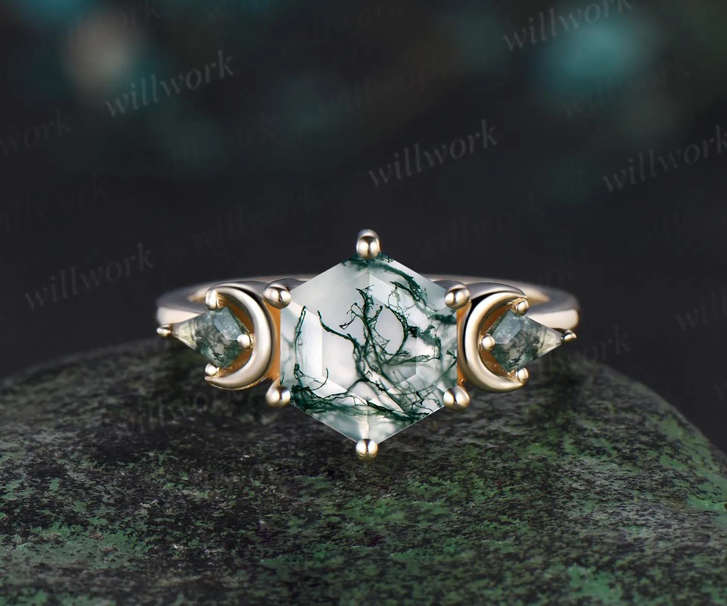 Hexagon cut moss agate engagement ring set 14k yellow gold kite three stone moon leaf opal wedding ring band unique bridal set women sold by Willwork Jewelry product image thumbnail 4