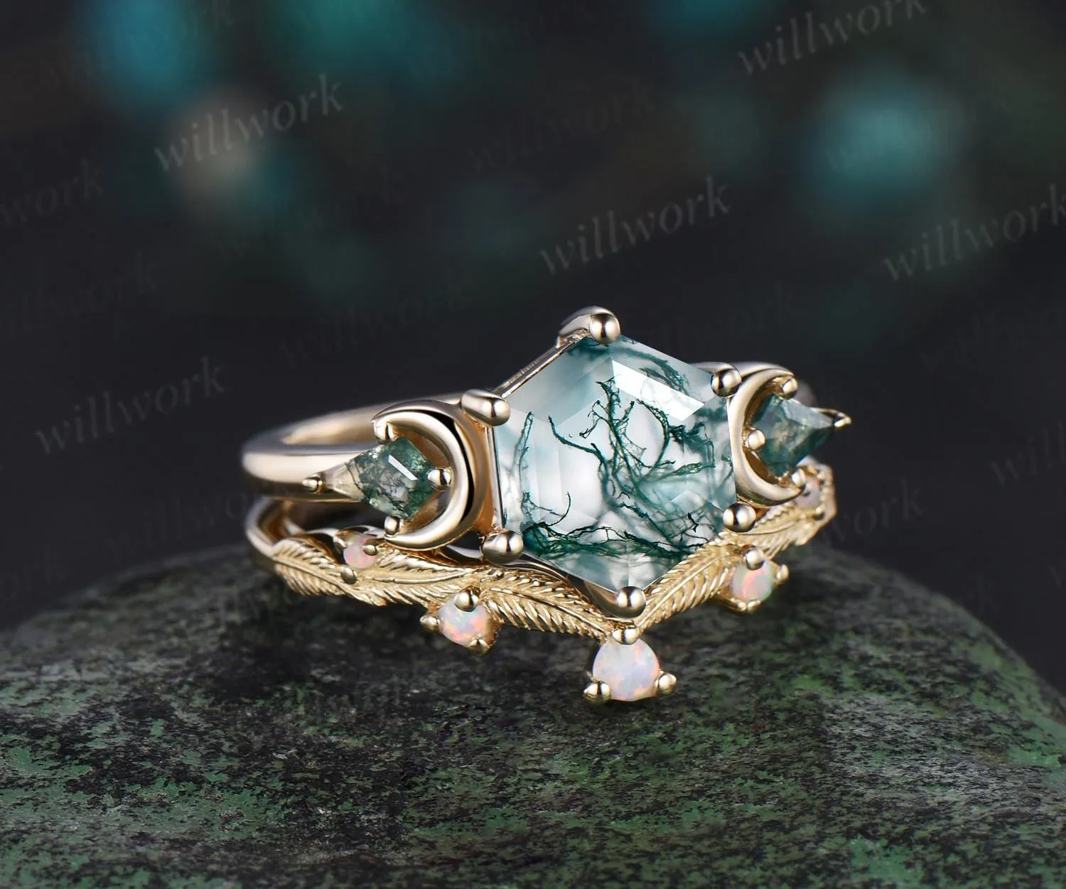 Hexagon cut moss agate engagement ring set 14k yellow gold kite three stone moon leaf opal wedding ring band unique bridal set women sold by Willwork Jewelry product image thumbnail 2