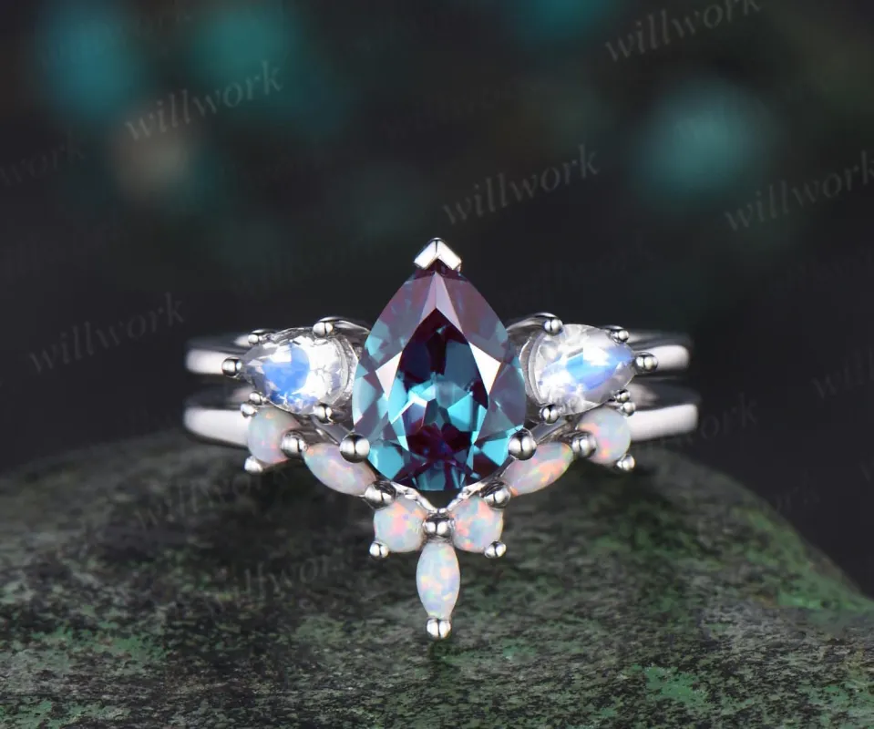 Pear shaped alexandrite moonstone ring white gold three stone unique engagement ring set stacking opal ring women color change gemstone gift sold by Willwork Jewelry