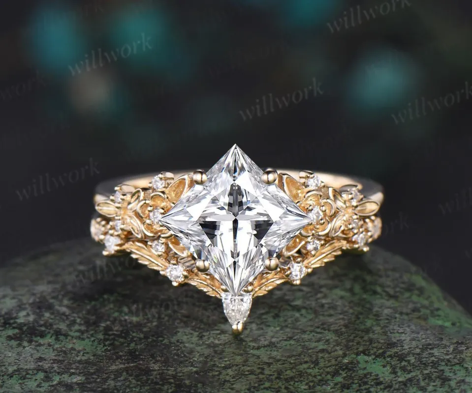 Vintage princess cut moissanite engagement ring women 14k yellow gold leaf floral diamond ring unique promise wedding ring set jewelry gift sold by Willwork Jewelry