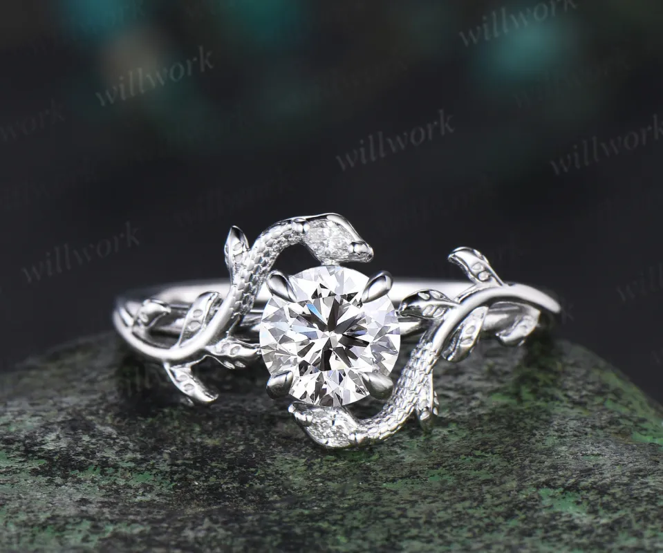 Vintage round cut IGI lab grown diamond Engagement Ring 14k White Gold leaf Double Snake diamond ring women nature inspired promise ring her sold by Willwork Jewelry