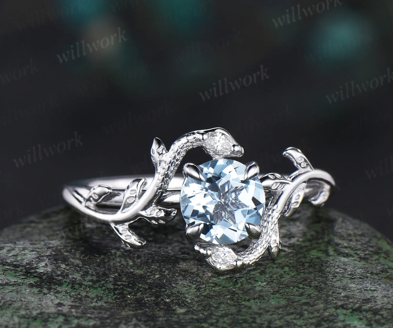 Vintage round cut Aquamarine Engagement Ring 14k White Gold leaf Double Snake diamond ring women nature inspired promise ring her gift sold by Willwork Jewelry product image thumbnail 3