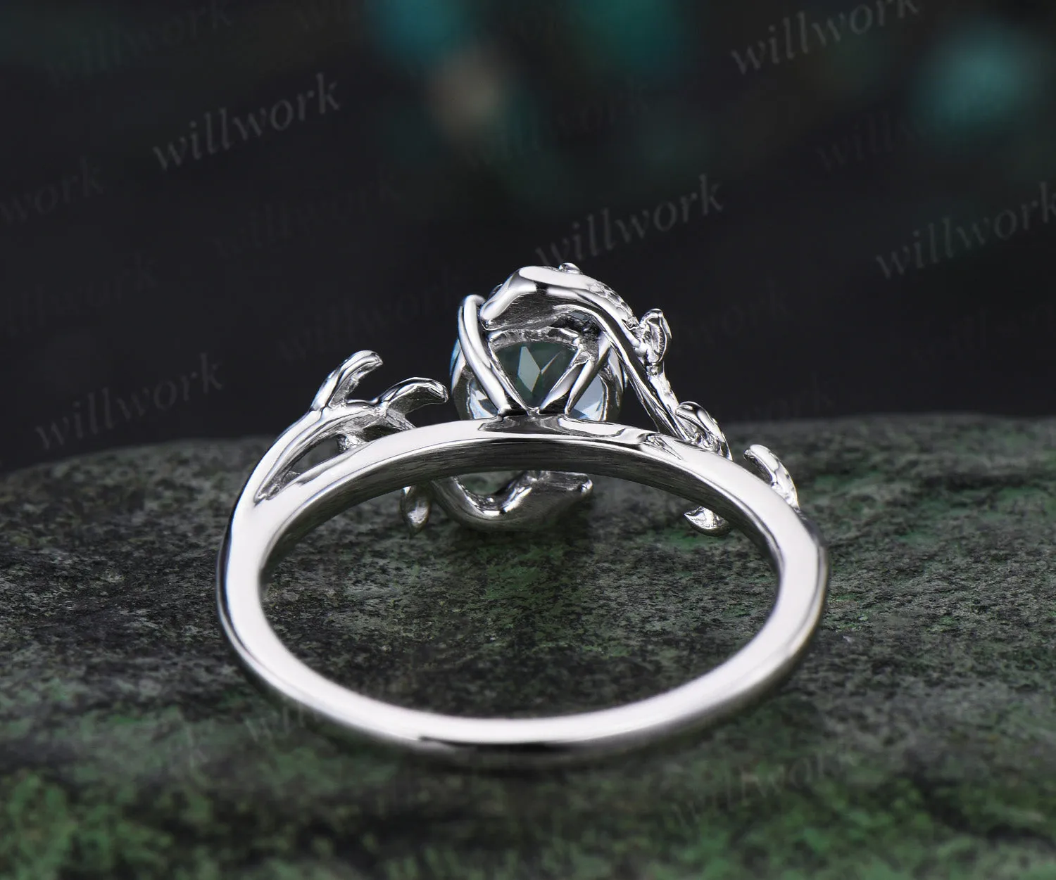 Vintage round cut Aquamarine Engagement Ring 14k White Gold leaf Double Snake diamond ring women nature inspired promise ring her gift sold by Willwork Jewelry product image thumbnail 5
