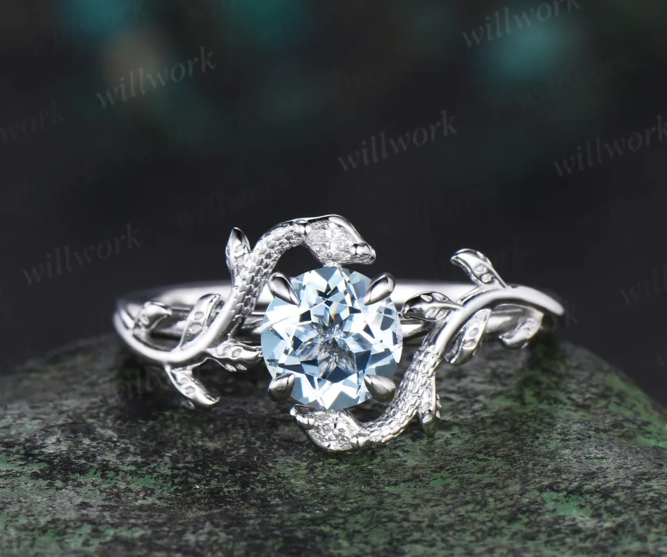 Vintage round cut Aquamarine Engagement Ring 14k White Gold leaf Double Snake diamond ring women nature inspired promise ring her gift sold by Willwork Jewelry