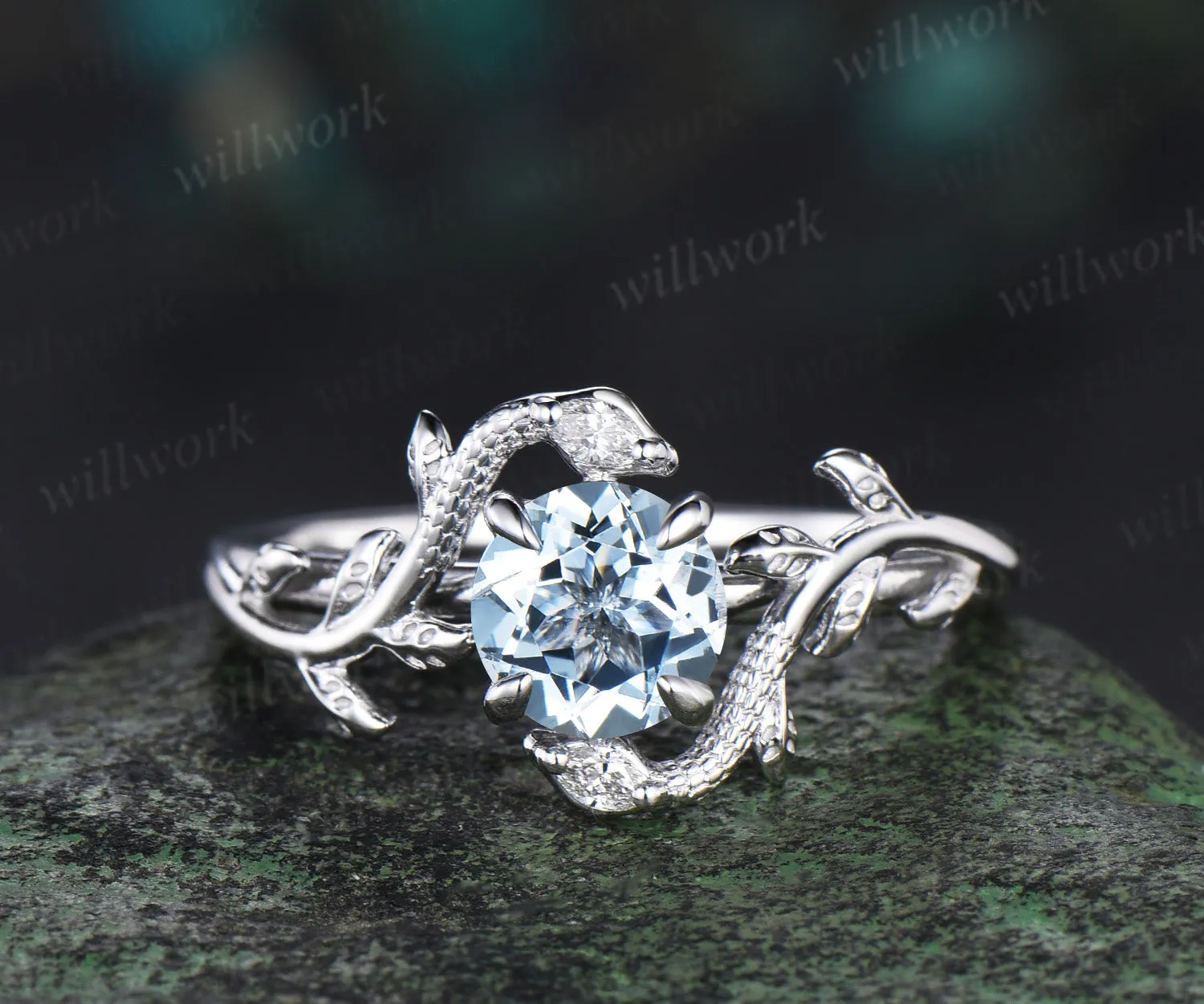 Vintage round cut Aquamarine Engagement Ring 14k White Gold leaf Double Snake diamond ring women nature inspired promise ring her gift sold by Willwork Jewelry