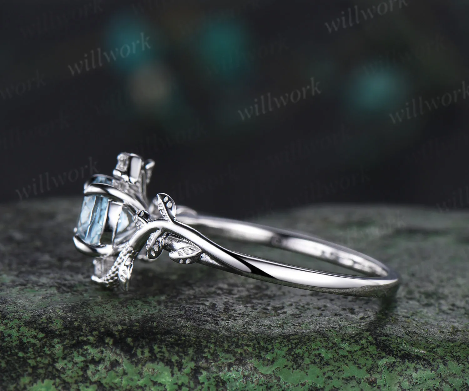 Vintage round cut Aquamarine Engagement Ring 14k White Gold leaf Double Snake diamond ring women nature inspired promise ring her gift sold by Willwork Jewelry product image thumbnail 4
