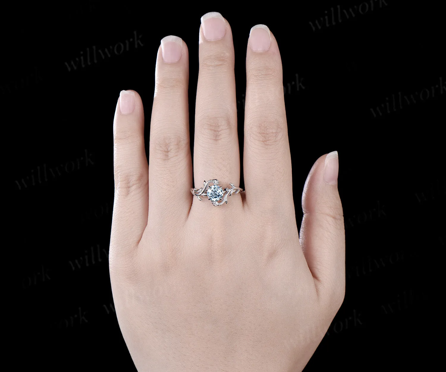 Vintage round cut Aquamarine Engagement Ring 14k White Gold leaf Double Snake diamond ring women nature inspired promise ring her gift sold by Willwork Jewelry product image thumbnail 2