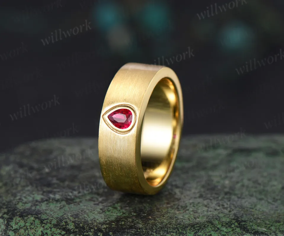 Pear Cut Red Ruby Engagement ring Brushed Rose Gold 10k/14k/18k Yellow Gold men's ring gift for him Solitaire anniversary gift sold by Willwork Jewelry