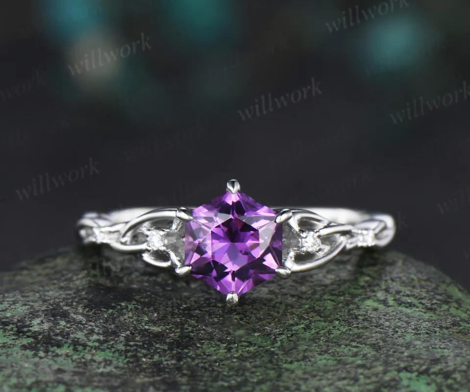 Hexagon amethyst ring vintage white gold Celtic knot princess cut amethyst ring women five stone unique engagement ring jewelry gift sold by Willwork Jewelry